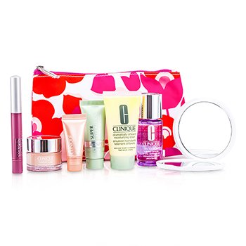 Set de Viaje: Removedor de Maquillaje + Loción Hidratante + Impulsador de Humedad + Bloqueador SPF40 + Suero de Ojos + Smoothie de Labios (Strawberry Bliss) + Espejo + Bolso