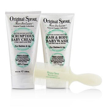 Original Sprout Kit Primer Baño de Bebé: 1x Jabón de Bebé de Cabello & Cuerpo 118ml + 1x Scrumptious Crema de Bebé 118ml + 1x Peine (Para Bebés & Niños)