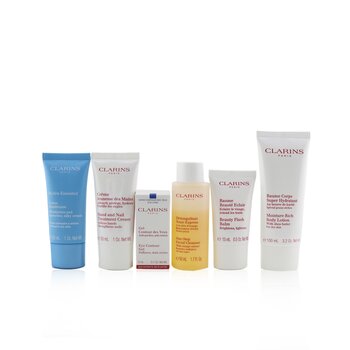 Clarins Set Head-to-Toe Moisturizing Essentials: Limpiador Dacial + Gel de Ojos + Beauty Flash Bálsamo + Crema Hidra-Esencial + Loción Corporal + Crema de Manos