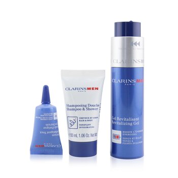 Men Revitalizing Collection: Gel Revitalizante 50ml + Champú & Ducha 30ml + Suero de Ojos Anti-Fatiga 3ml + Bolsa