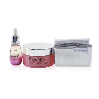 Pro-Collagen Rose Duet: Bálsamo limpiador de rosas 100g + Aceite facial de rosas 15ml + Paño limpiador de lujo (Caja ligeramente dañada)