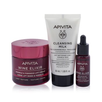 Apivita Di-Vine Beauty (Wine Elixir- Light Texture) Gift Set: Wrinkle Lift Cream 50ml+ Face Oil 10ml+ Cleansing Milk 50ml+Pouch